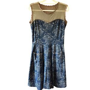 Effie's Heart Sheer Mesh Top Dress  L ModCloth blue tan floral print stretchy